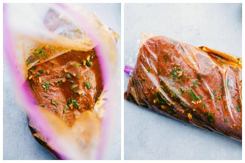Steak marinating in a sealable bag for this steak fajita recipe.