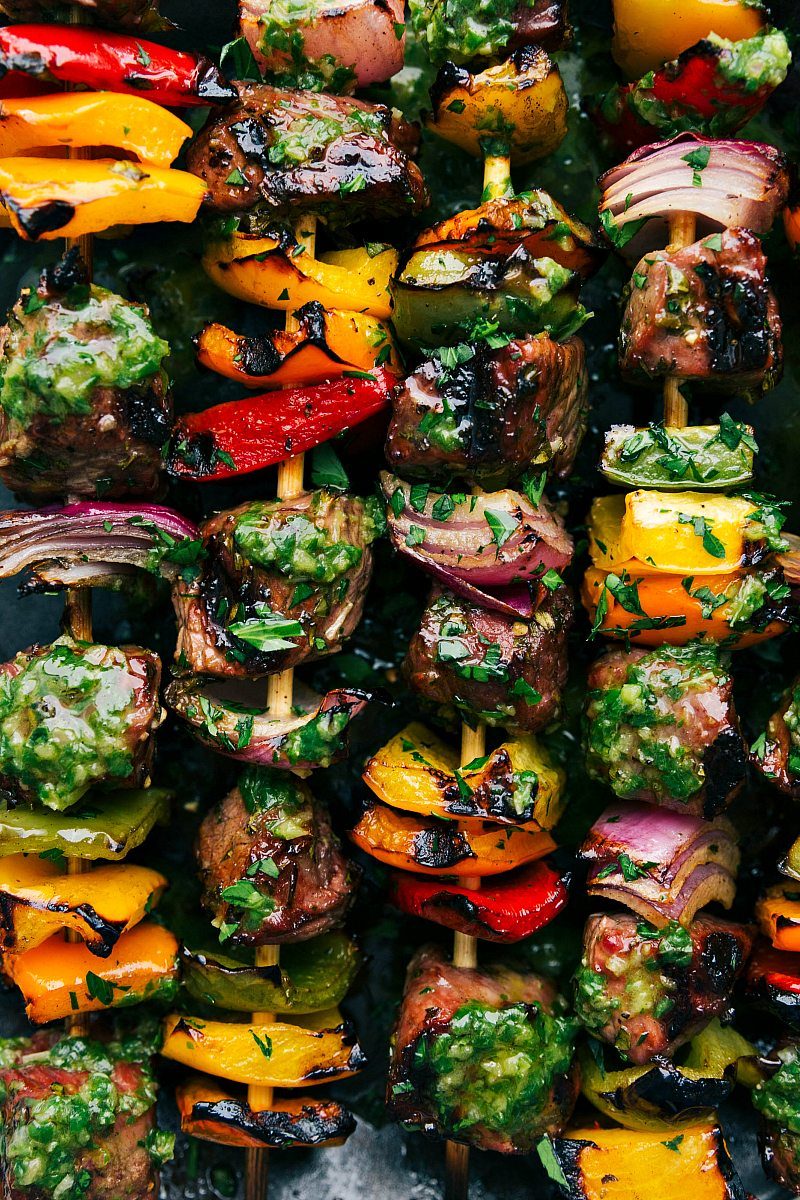 Steak Kebabs alongside a Basil Sauce