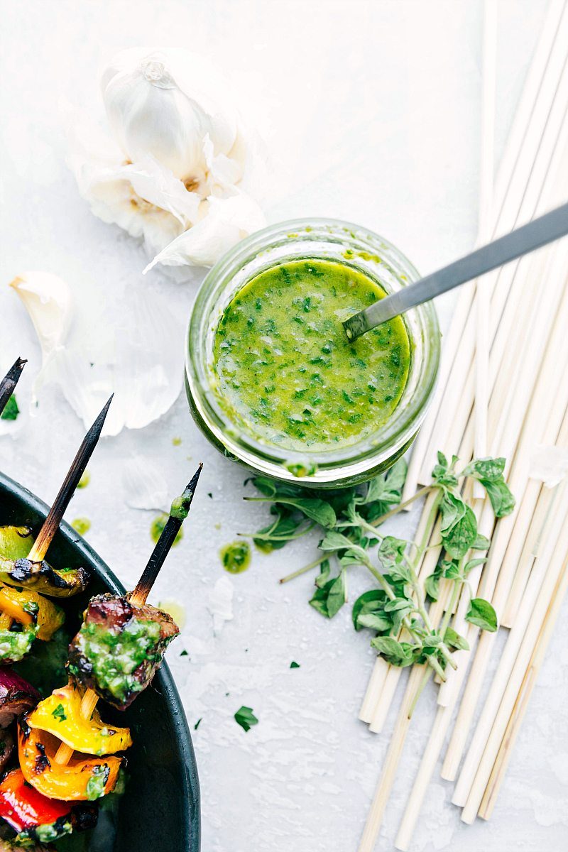 Basil sauce used to top the steak kebabs.