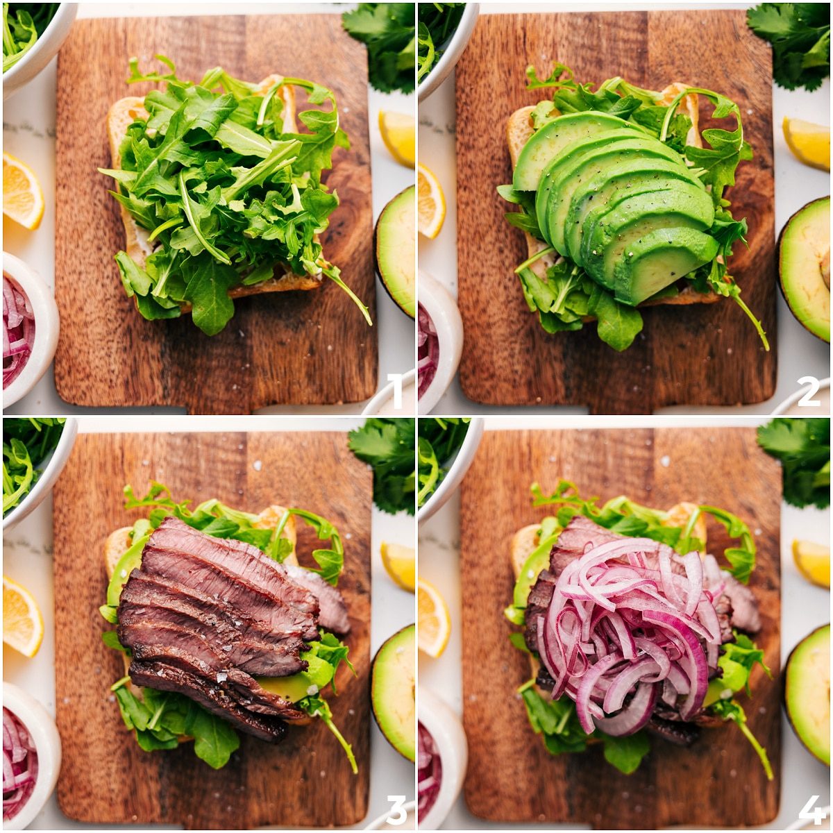 The arugula, avocado, steak, and pickled red onions added into the bread for this satisfying lunch or dinner.