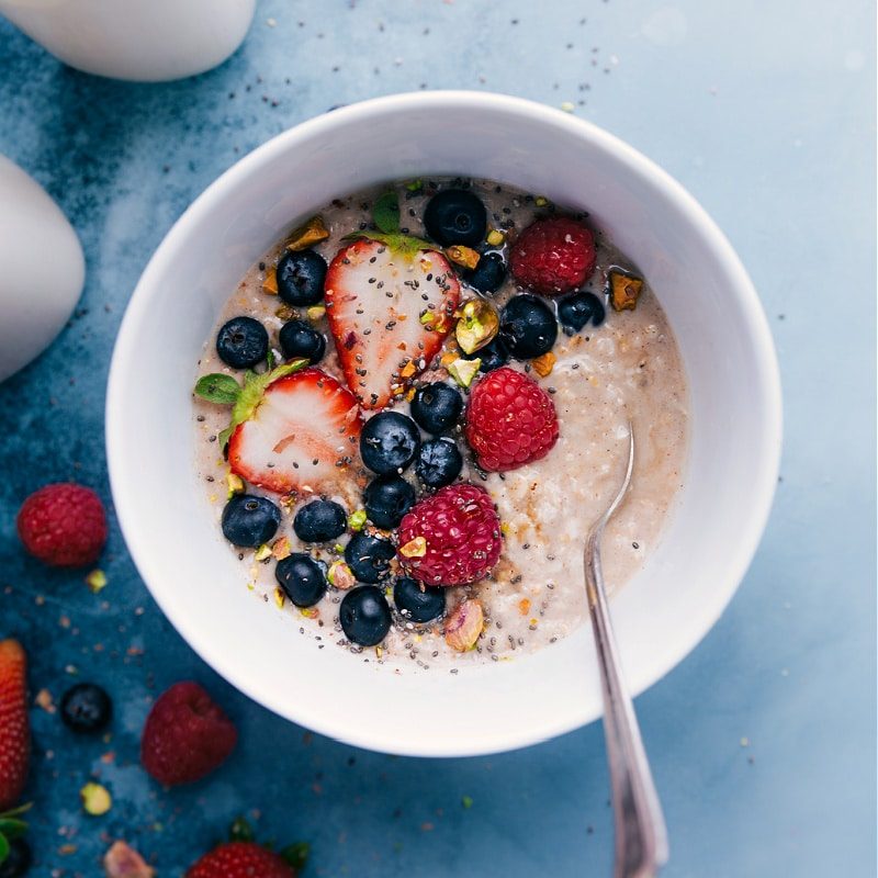 Hot oats with blueberries, strawberries, and rasberries.