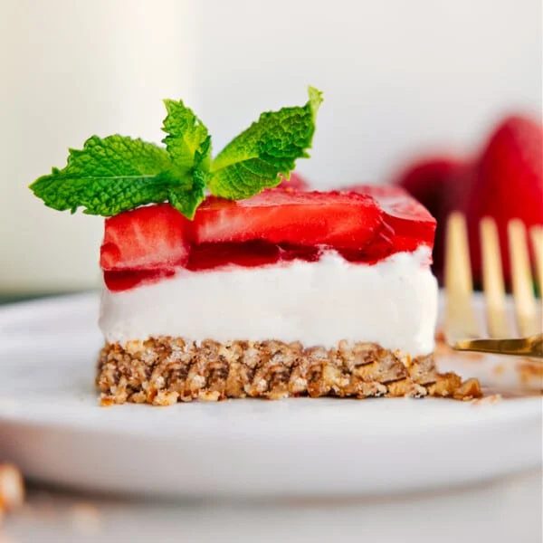 Strawberry Pretzel Salad on a plate ready to be enjoyed.