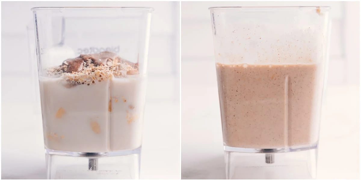 All the ingredients added to the blender and it all blended together to make this satisfying oatmeal smoothie.