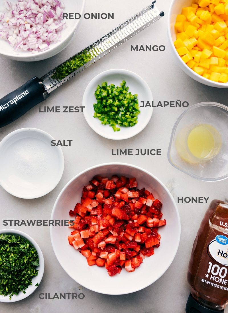All the ingredients for strawberry mango salsa prepped and ready to go, including chopped onion, diced mango, minced jalapeño, lime juice, sliced strawberries, honey, salt, and lime zest.