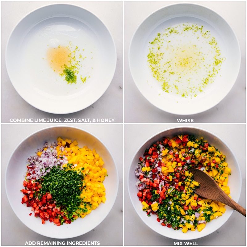 Lime juice, lime zest, salt, honey, and the rest of the ingredients being added to a bowl and mixed together to make strawberry mango salsa.