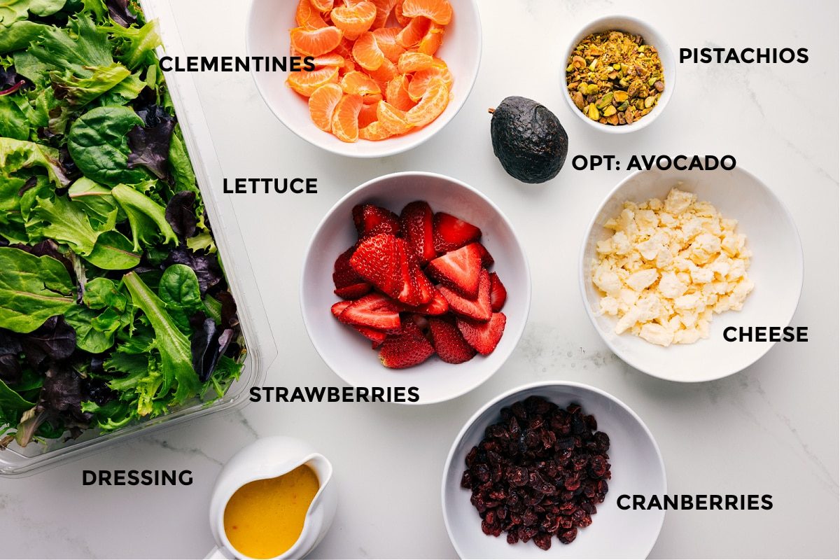 All ingredients prepped for straightforward assembly, including the fruit, pistachios, avocado, cheese, cranberries, dressing, and lettuce.