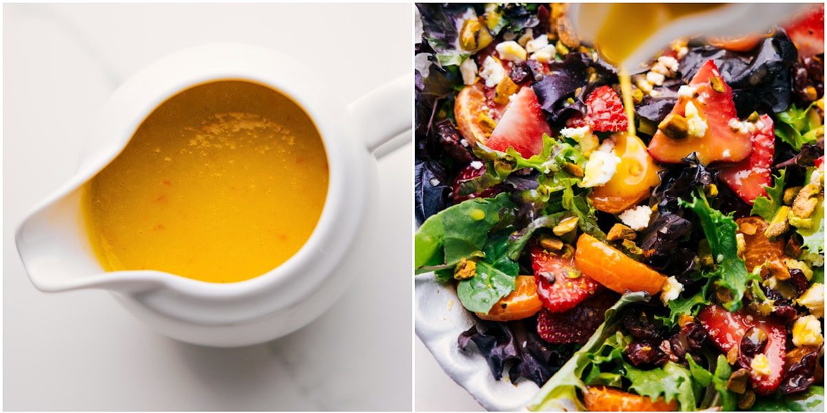 The dressing prepared in a container and then poured over the strawberry salad.