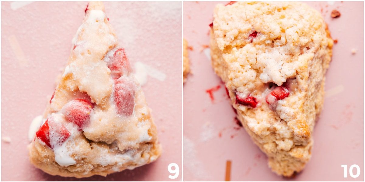The strawberry scones recipe being brushed with heavy cream and baked to perfection.