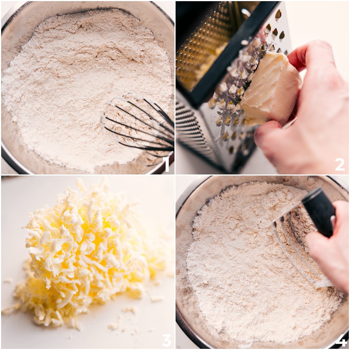 The dry ingredients whisked together, then the butter shredded and kneaded in for this strawberry scones recipe.