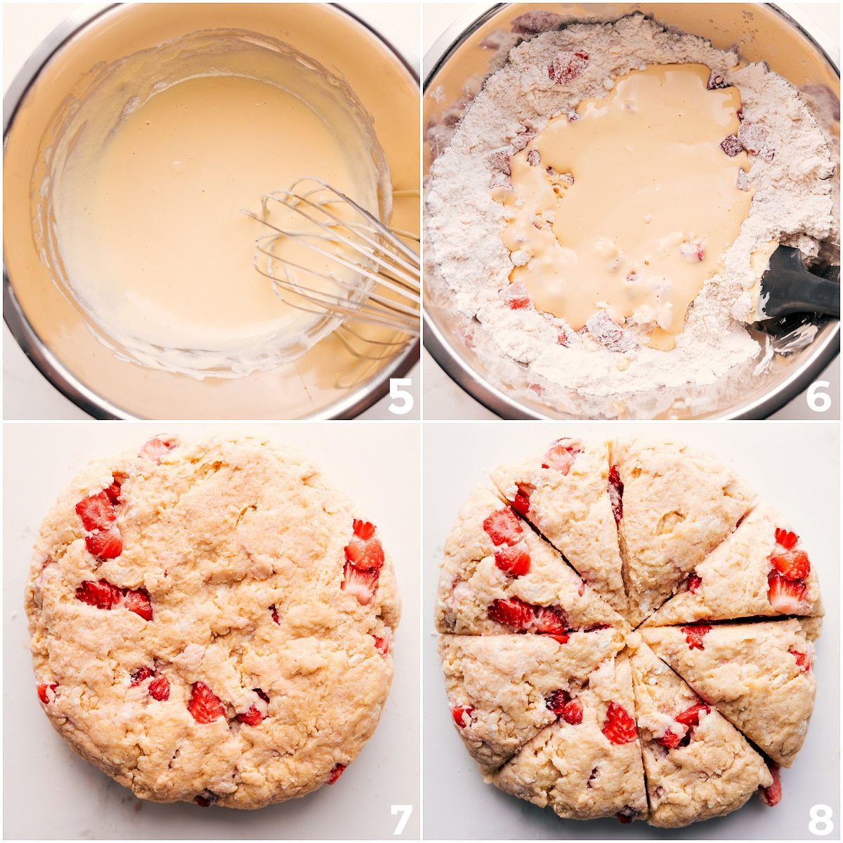 The wet and the dry ingredients kneaded together and then the dough being formed into a disc and cut into triangles.