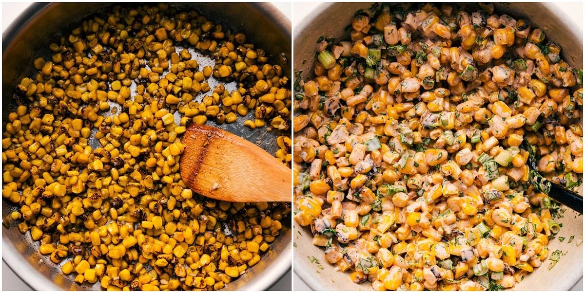 The street corn being made to add in these street corn beef bowls.