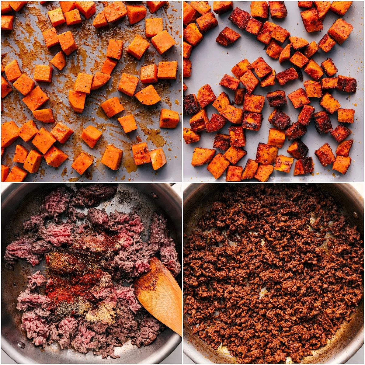 Sweet potatoes being roasted to perfection and the beef being seasoned and browned.