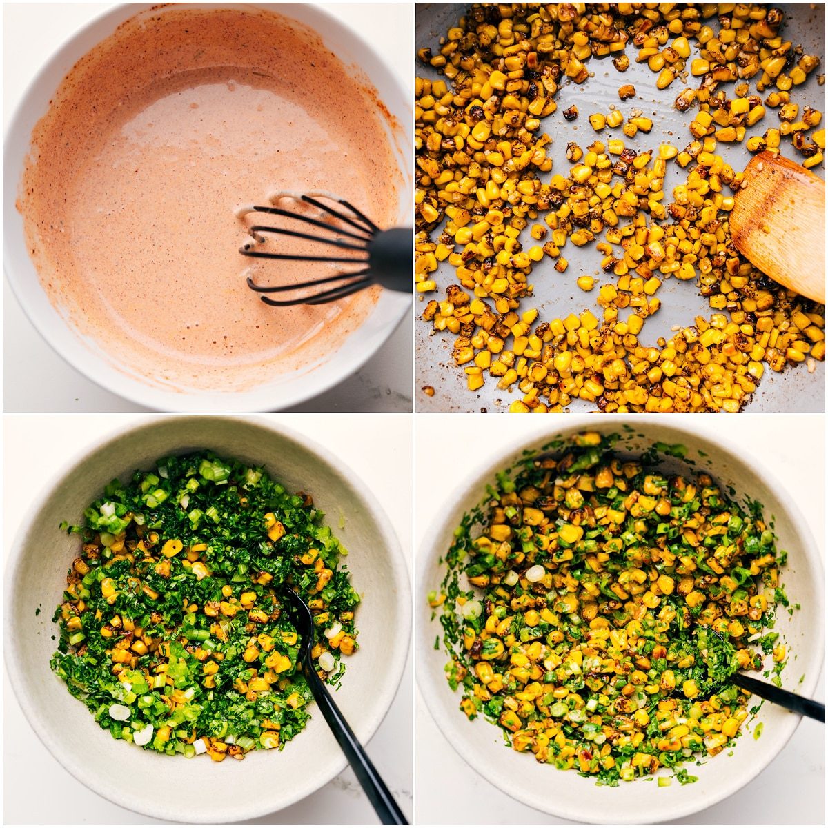 The lively sauce and corn mixture being mixed together in separate bowls.