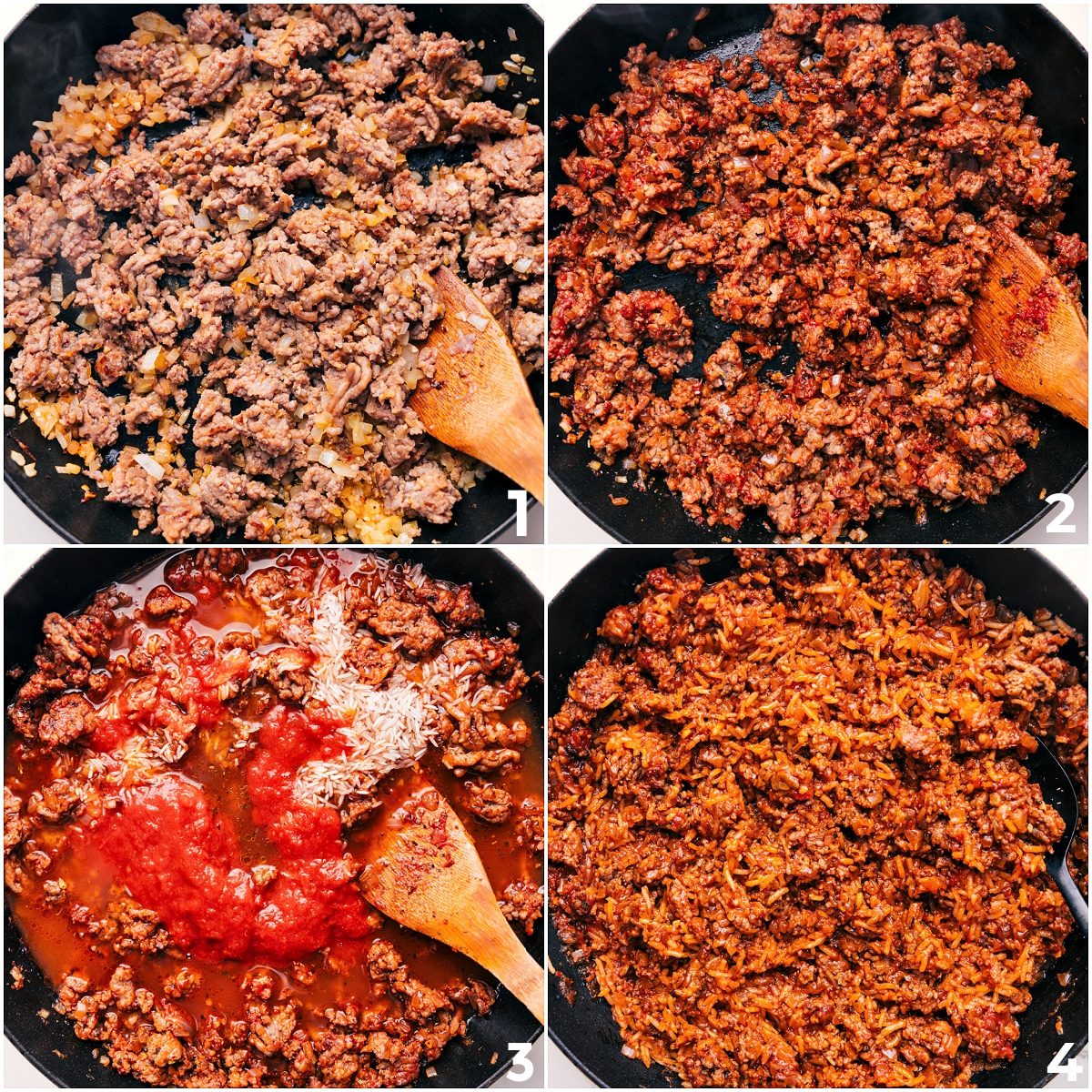 Sausage browned with sautéed onions, tomato sauce, and rice mixed together to make the filling for Italian stuffed peppers.