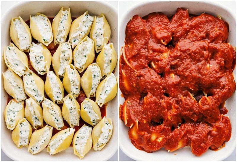 Layering in the pasta between layers of marinara sauce.