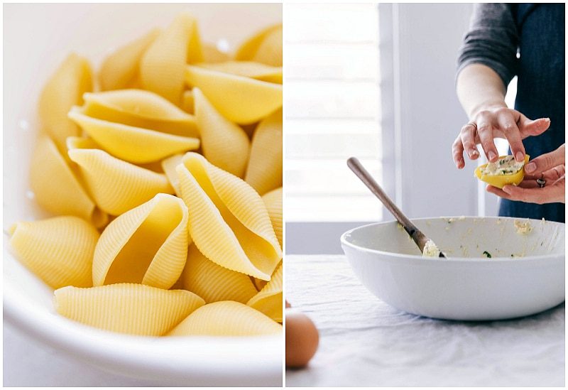 Adding the filling to the jumbo pasta shells for this stuffed shells recipe.