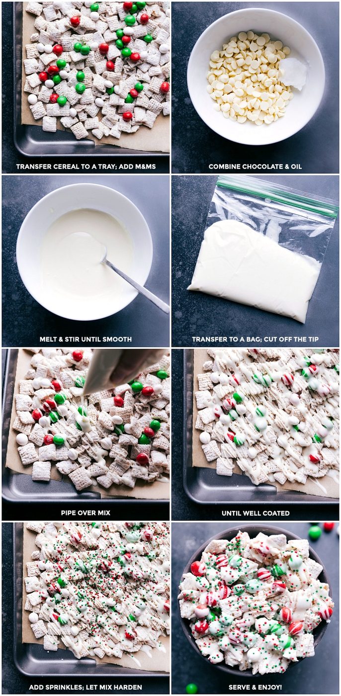 Process shots: move cereal to a try and add candies; combine white chocolate and oil; heat and stir to melt; move to a bag; pipe chocolate over snack mix; add sprinkles and let harden; serve.