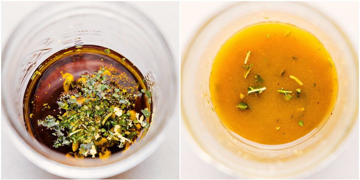 Mixing all the dressing ingredients in a mason jar—honey, oil, Dijon, basil, and vinegar.