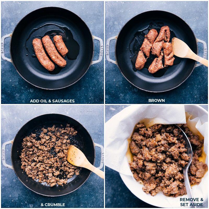 Sausage being cooked in a skillet then removed to a paper towel lined bowl to drain off the extra oil.