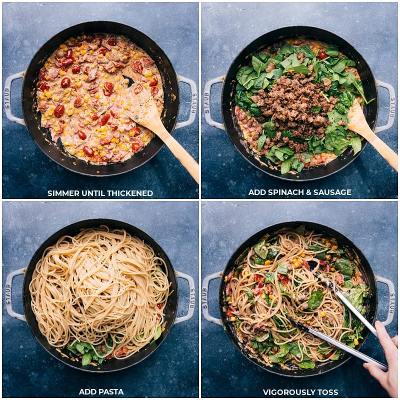 Spinach, sausage, and pasta being added to the pan and it all being mixed together.