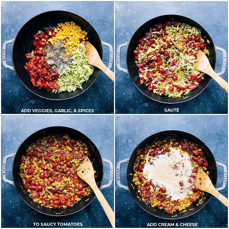 All the veggies go into the pan and get sautéed, then the cream and cheese are stirred in to finish this summer pasta recipe.