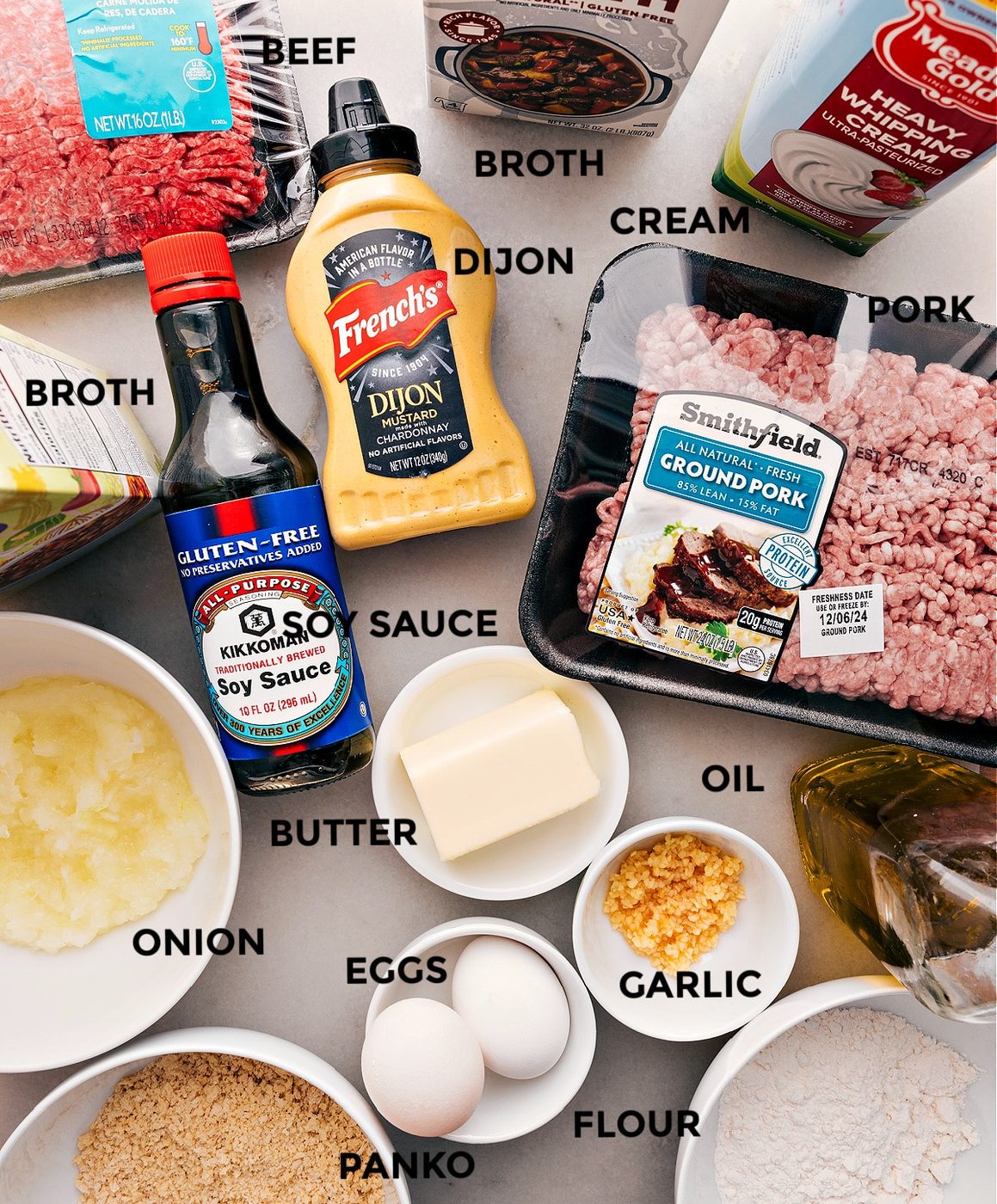 This recipe is prepped for straightforward assembly with ground pork, cream, Dijon, soy sauce, butter, oil, veggies, beef, panko, eggs, flour, and broth.
