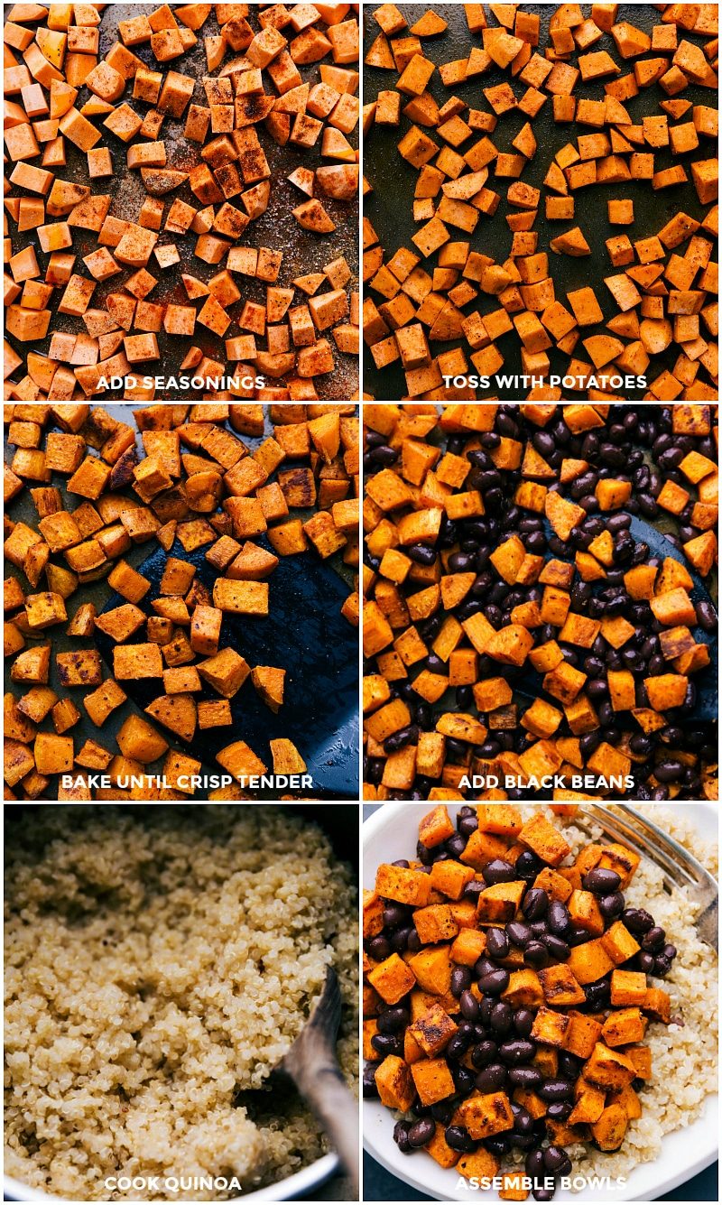 Seasonings sprinkled on sweet potatoes for roasting, black beans added, and quinoa cooking for the buddha bowl sweet potato recipe.