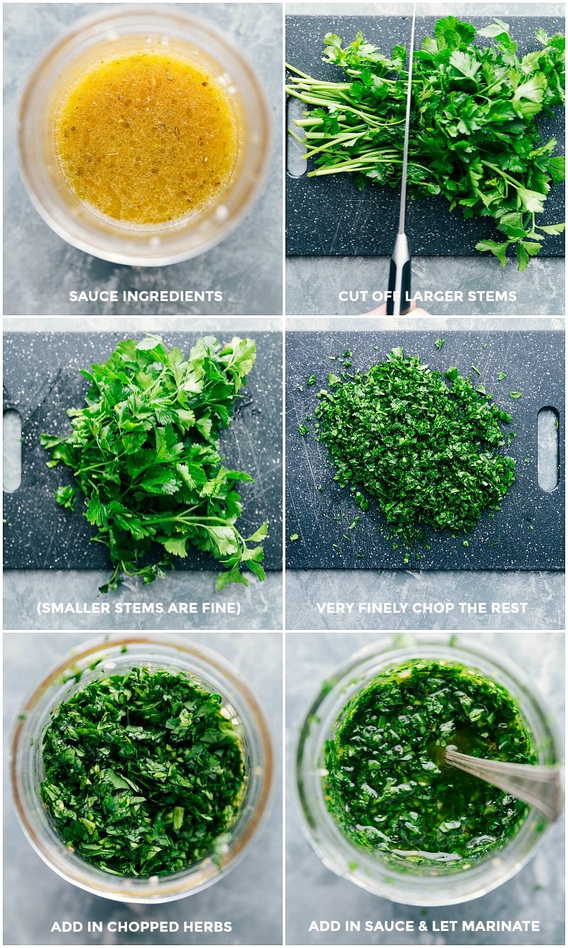Creating the sauce, with fresh greens being chopped and added to a jar.