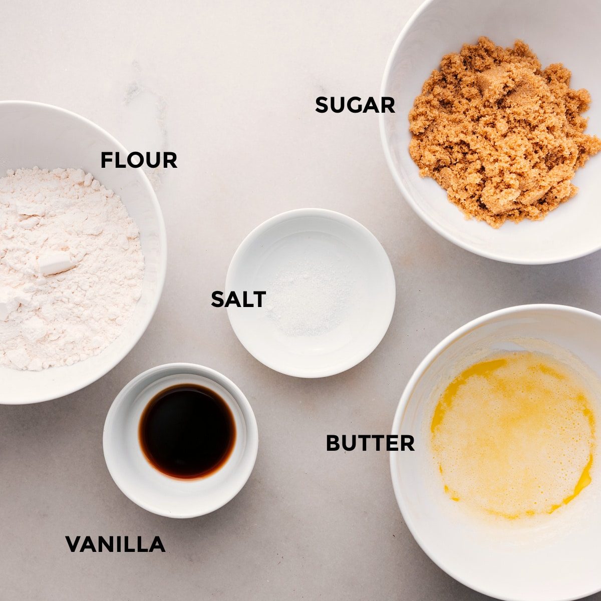 The streusel topping ingredients for this sweet potato casserole recipe including the flour, salt, vanilla, sugar, and butter.
