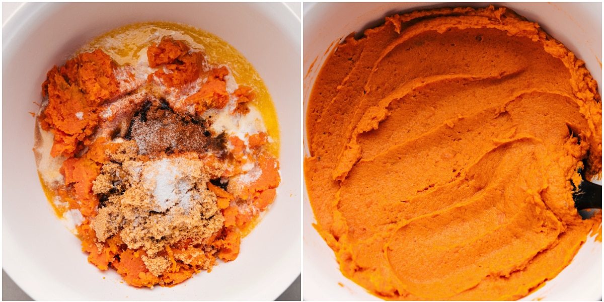All the filling ingredients added to a bowl and mixed together.