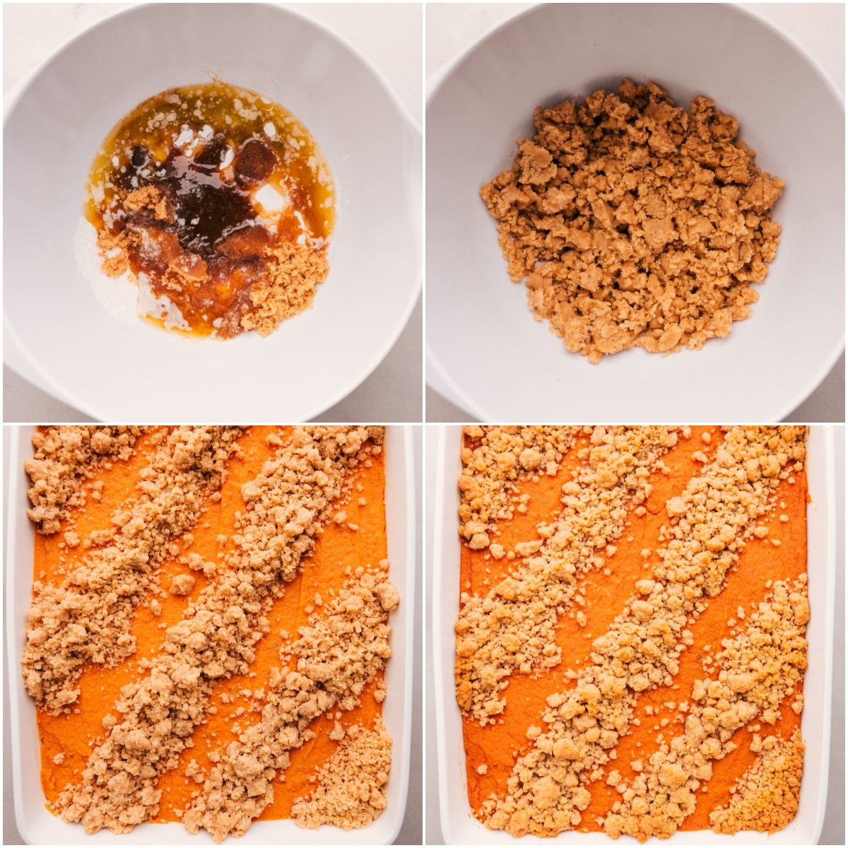 The streusel topping going onto the sweet potato casserole.
