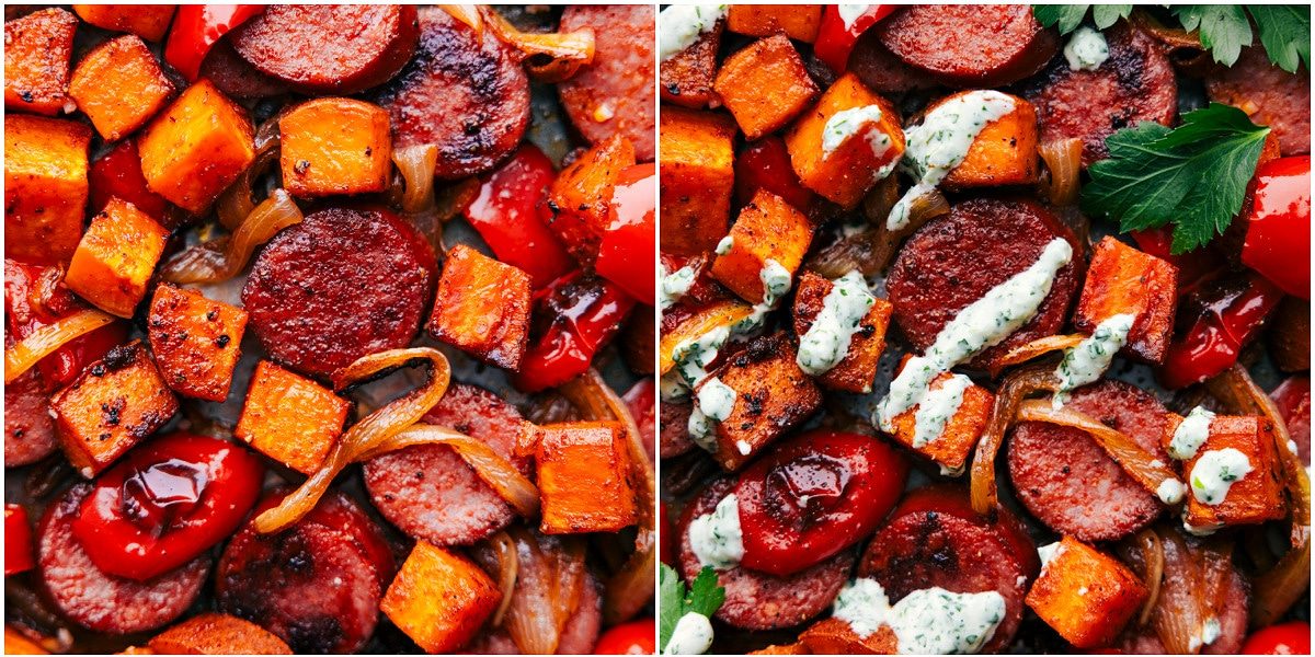 Freshly baked sweet potato and sausage on a sheet pan, with rich, from-scratch sauce drizzled on top, straight from the oven.