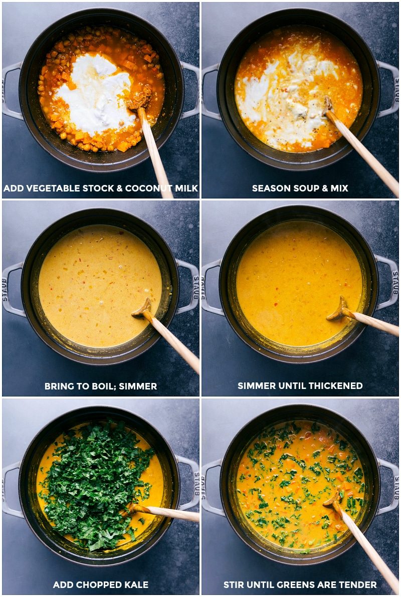 Adding vegetable stock and coconut milk to the pan; seasoning and bringing to a boil; simmering until thickened; adding kale and stirring until tender.