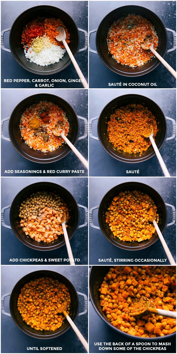Veggies being sautéed with seasonings, chickpeas, and sweet potatoes, all mixed together in a pan.
