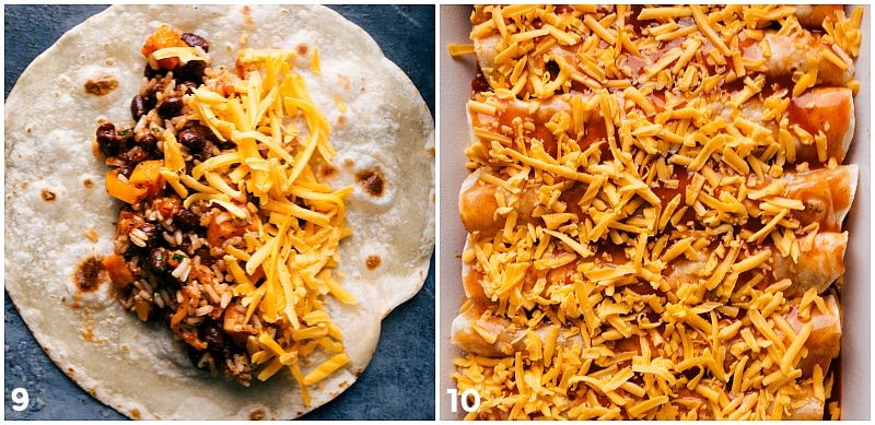 Layering the filling into tortillas and assembling the recipe before baking.
