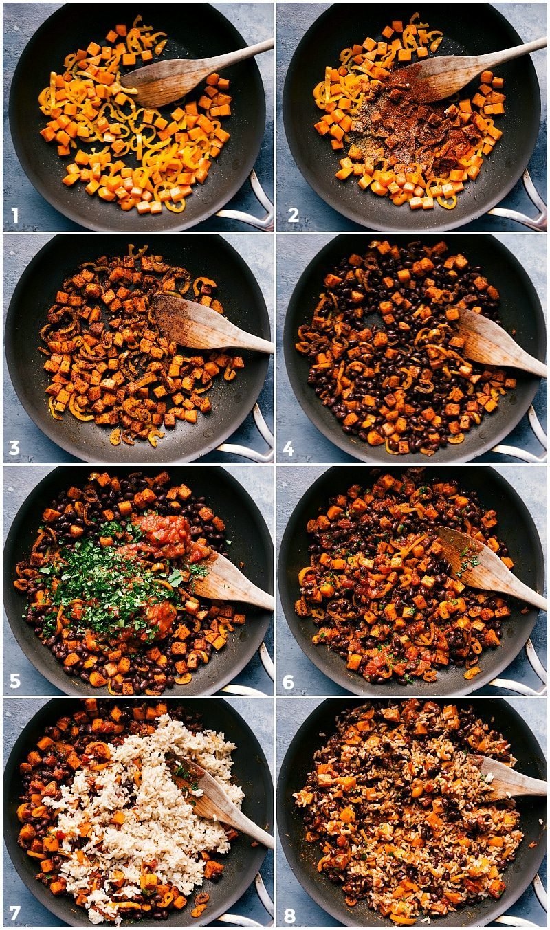Preparing the flavorful filling, combining sweet potatoes, black beans, seasonings, and other ingredients for these Sweet Potato And Black Bean Enchiladas.