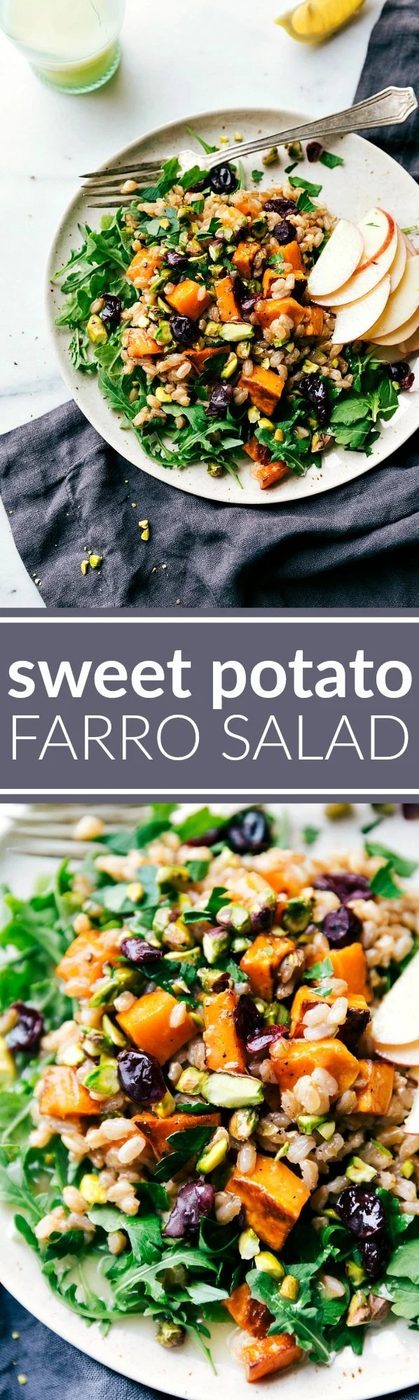 ROASTED SWEET POTATO SALAD. A hearty, healthy, and filling salad -- sweet apple cider farro, roasted sweet potatoes, arugula, and an straightforward blender lemon dressing. via flexfa.com