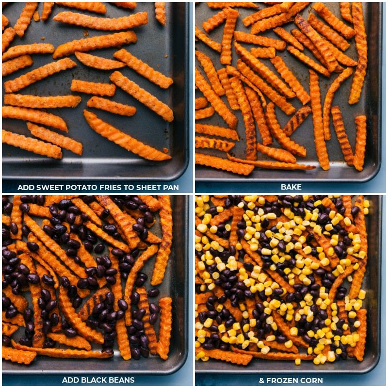 The sweet potato fries being roasted and then the corn and black beans being added for these sweet potato nachos.
