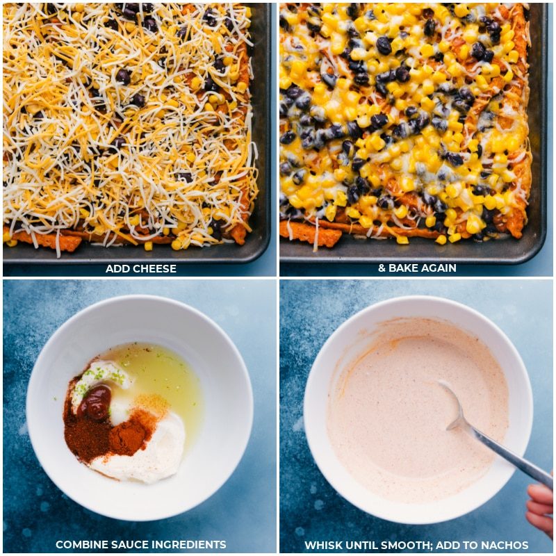 Cheese being added and it all being baked together and then the creamy sauce being made.