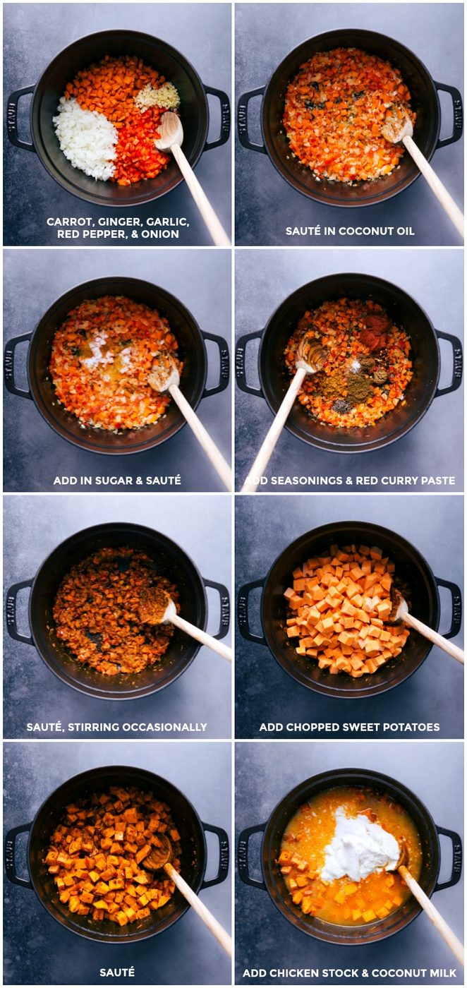 Brown the carrot, ginger, garlic, red pepper and onion in coconut oil; add sugar and sauté; Add seasonings and curry paste; add sweet potatoes and sauté; add chicken stock and coconut milk.