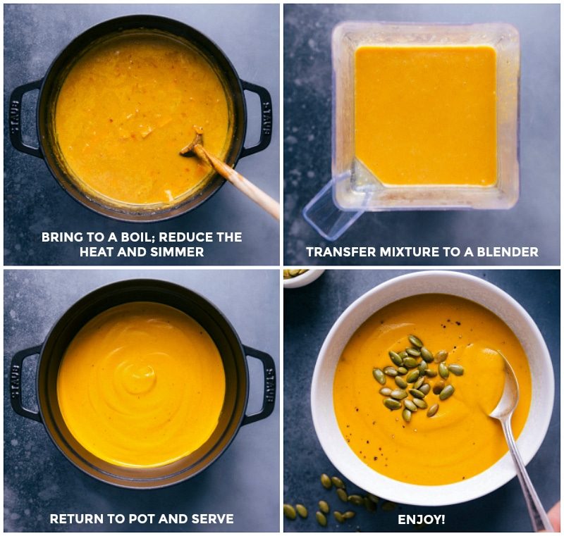 Simmering the sweet potato soup recipe until flavors meld; transferring to a blender and processing until smooth; returning the creamy mixture to the pot; ready to serve.