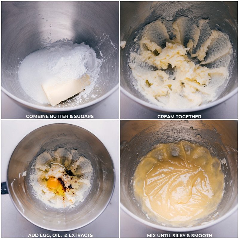 Process shots-- images of the butter, sugar, egg, oil, and extracts
