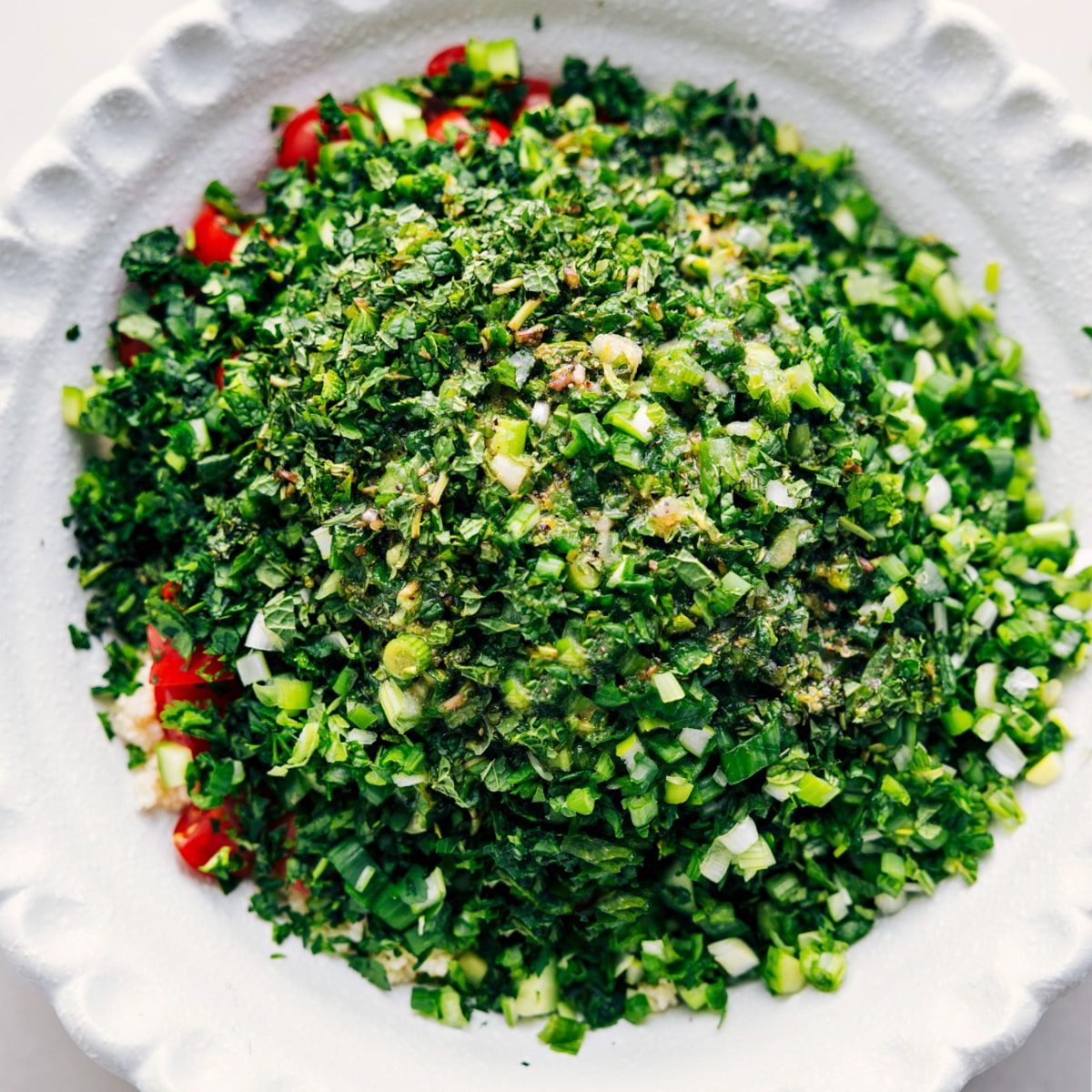 All the ingredients in a bowl, ready to mix and toss with the dressing and enjoyed.