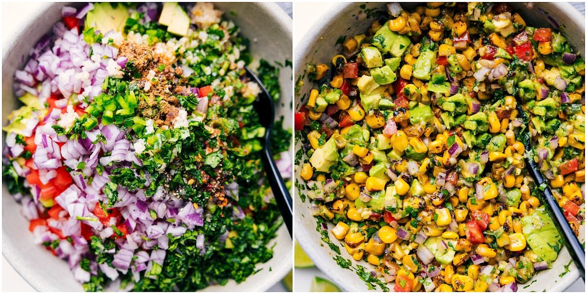 Mixing together the avocado salsa in a bowl for this summer chicken recipe.