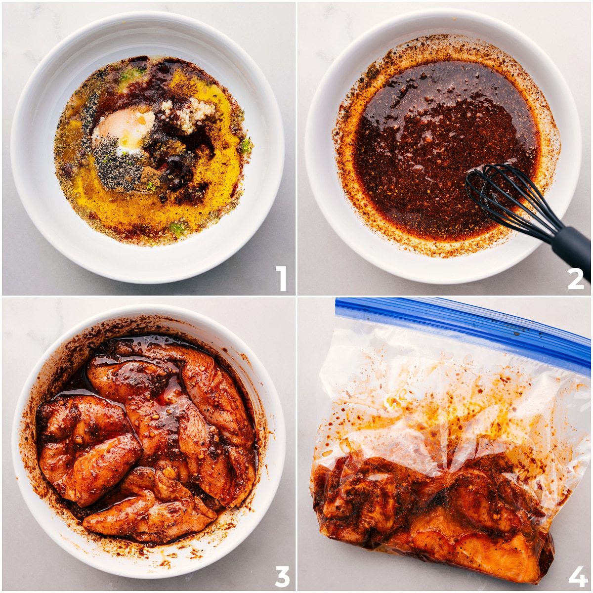 The marinade is whisked together in a bowl, and the chicken is added to marinate for this summer chicken recipe.