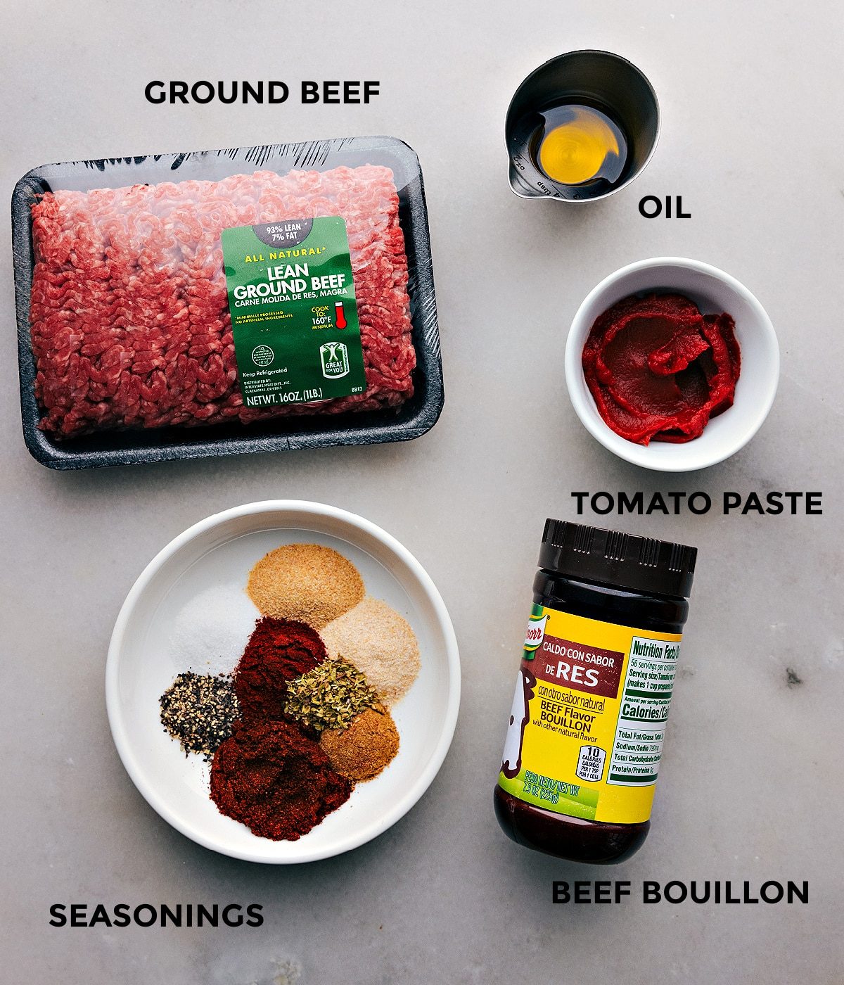 All the ingredients used in this recipe prepped out for straightforward assembly.