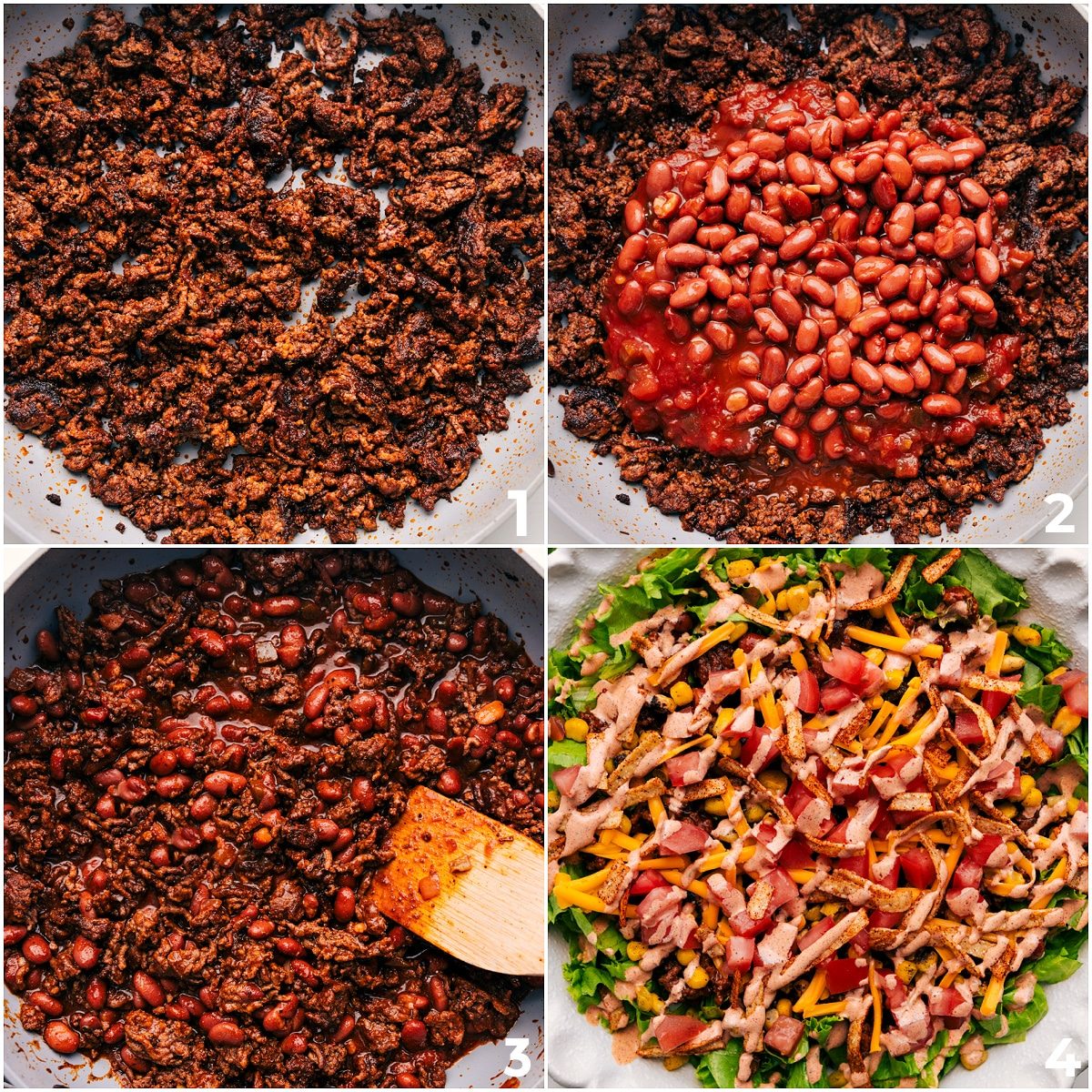 The beef browning in a pan, then beans and salsa added, with the beef topping the salad.
