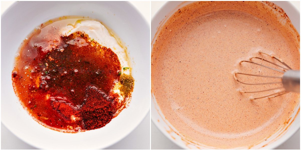 The dressing for this taco salad recipe whisked together in a bowl.
