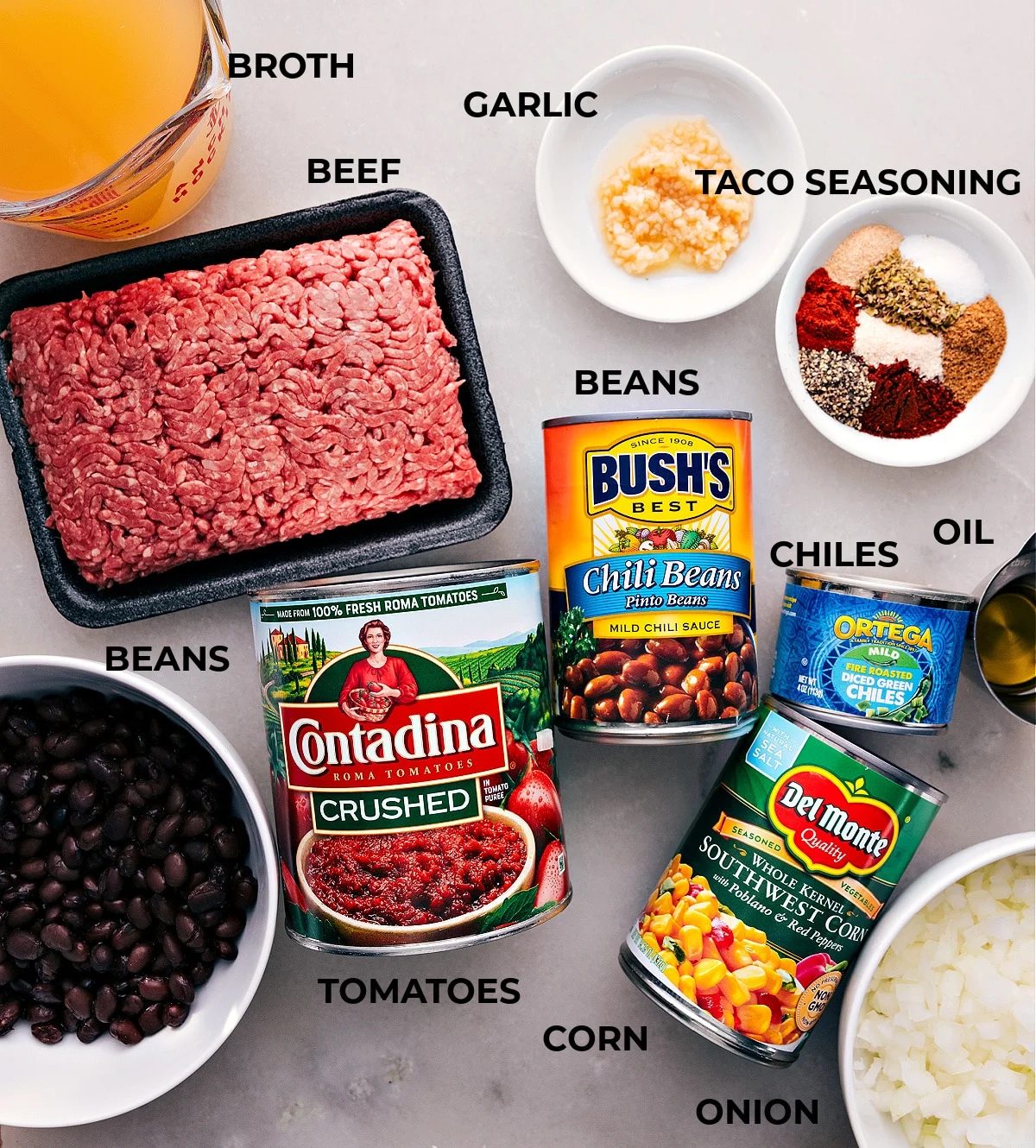 All the ingredients used in this satisfying Taco Soup recipe.