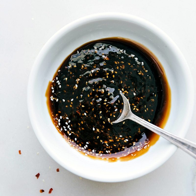 from-scratch teriyaki sauce in a bowl, thick and flavorful, prepared for enhancing the meal.